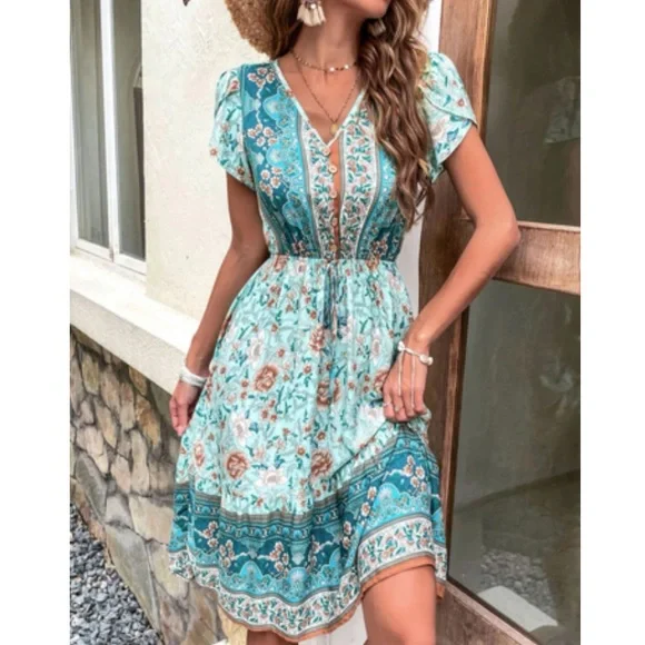Boho floral print V neck ruffle hem dress - Picture 1 of 6